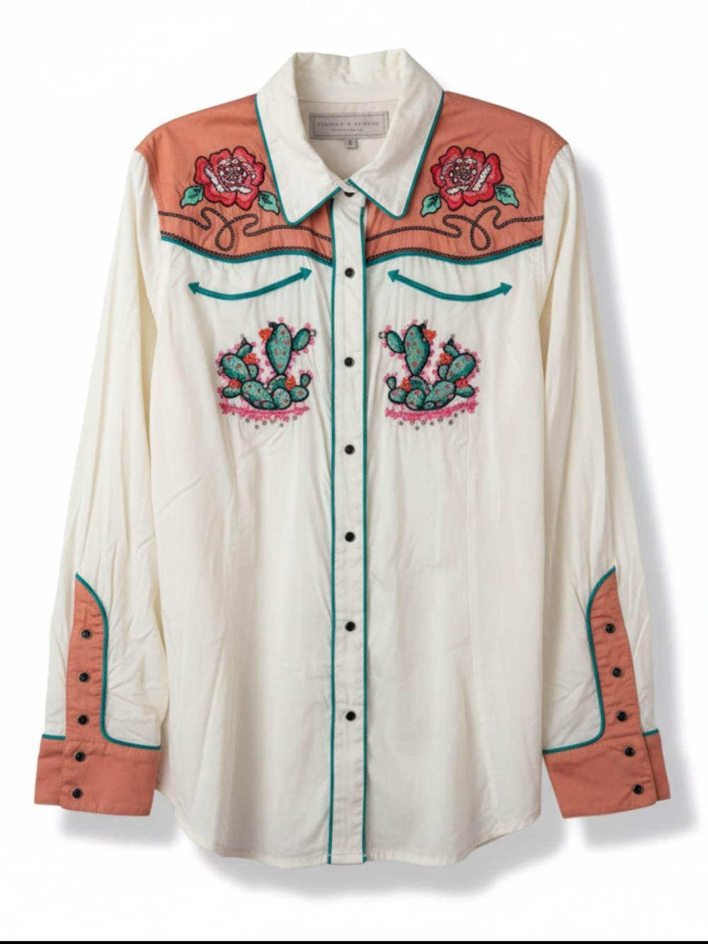 Double D Ranch Pal of the Pioneers Top embroidered beaded cactus rose RTL $395 L - Picture 3 of 4